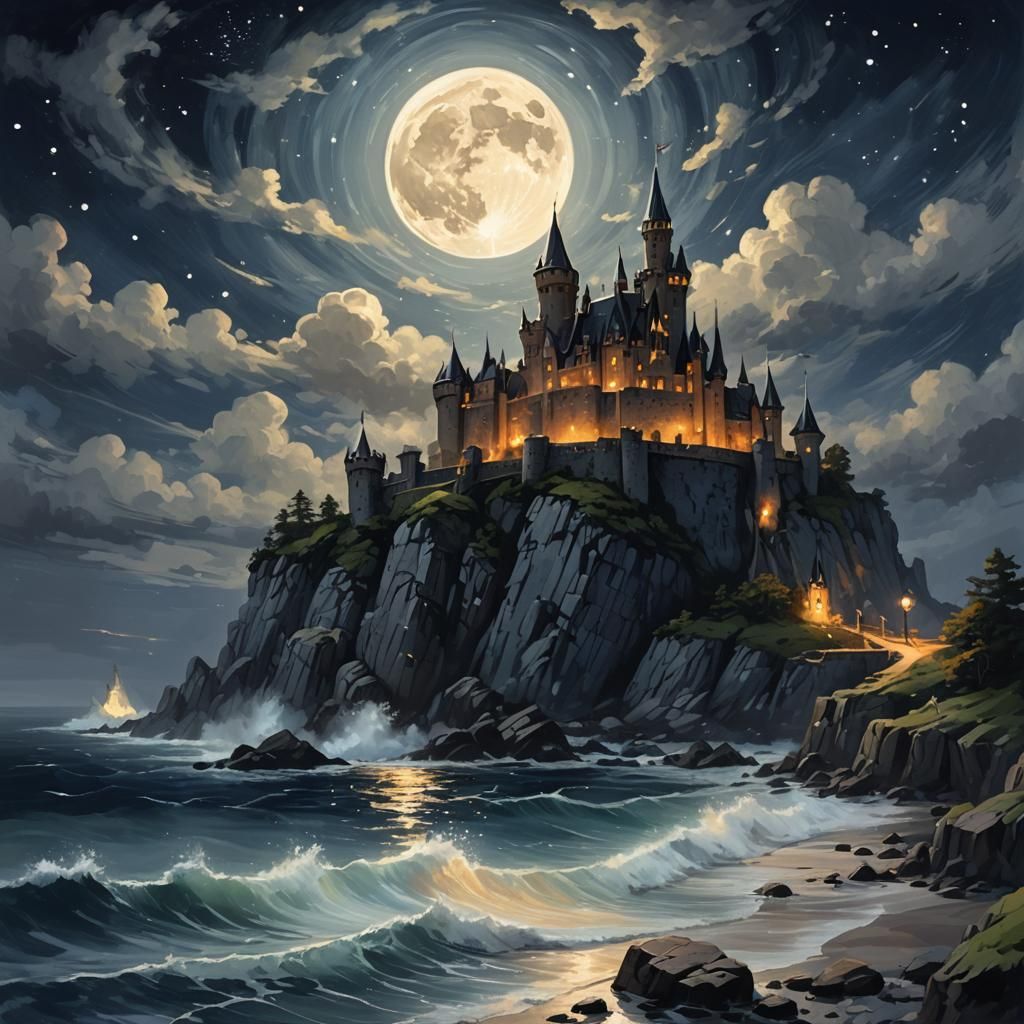 Moonlit Castle Seascape in Impressionist Style