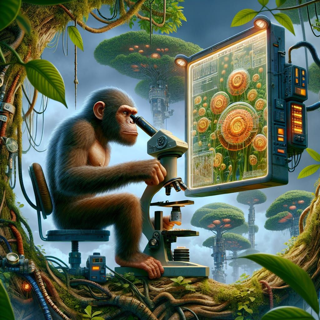 Ape-Man Scientist in Tree-Top Lab Observes Biopunk World