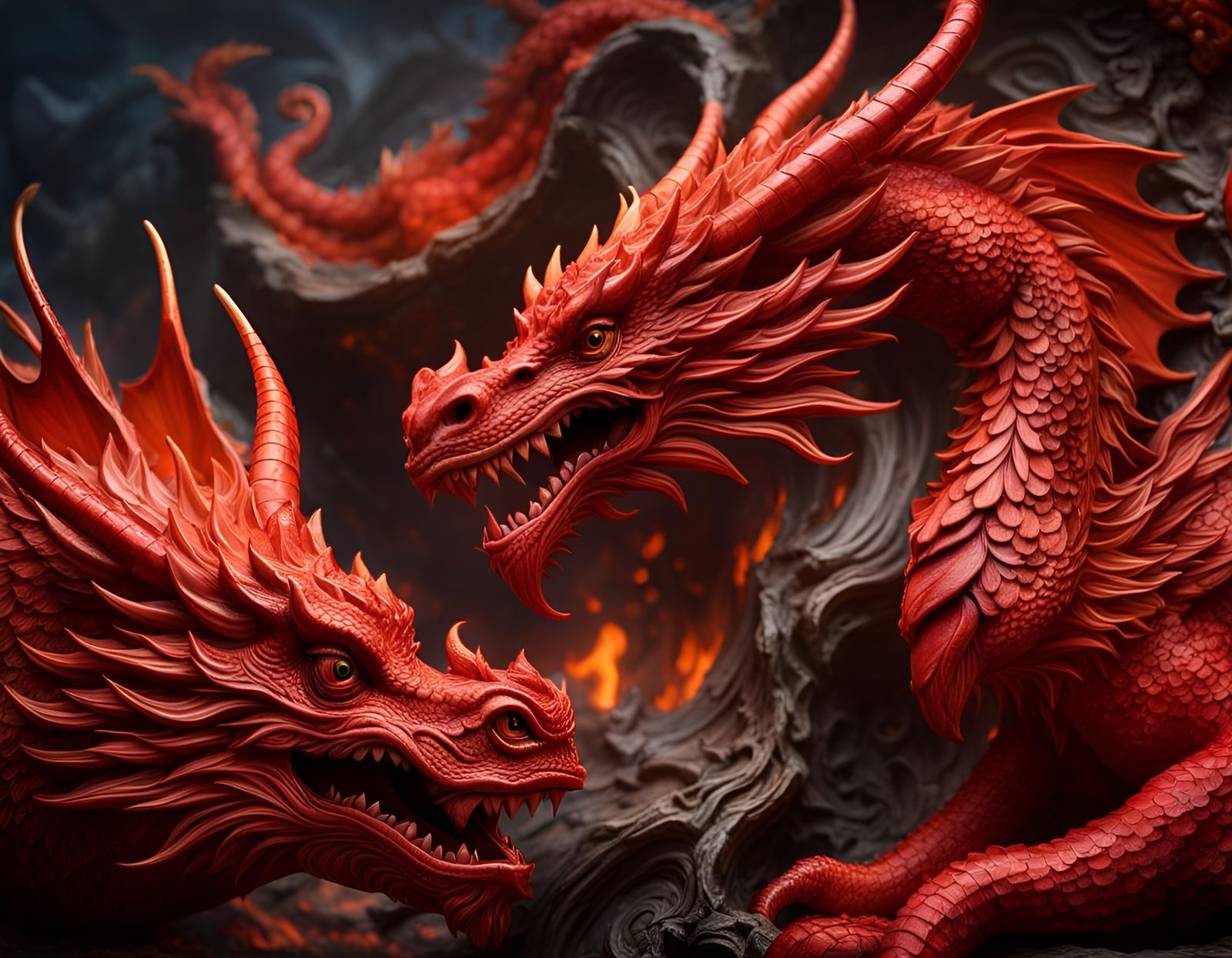 Red Dragons Clay Pot in Impressionistic Style