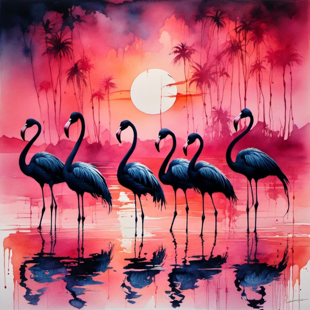 Black Flamingos at Sunrise: Watercolor Painting