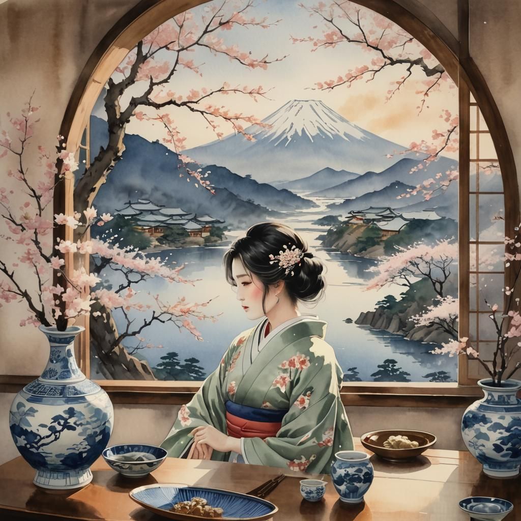 Girl in Kimono with Cherry Blossom View