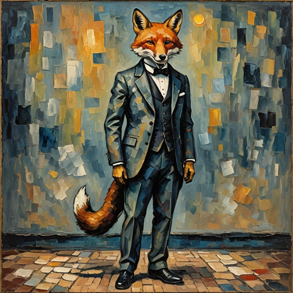 Fox Businessman in Tuxedo as Expressionist Oil Painting
