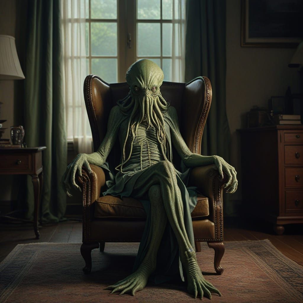 Humanized Cthulhu Goddess Relaxing in a Dimly Lit Bedroom