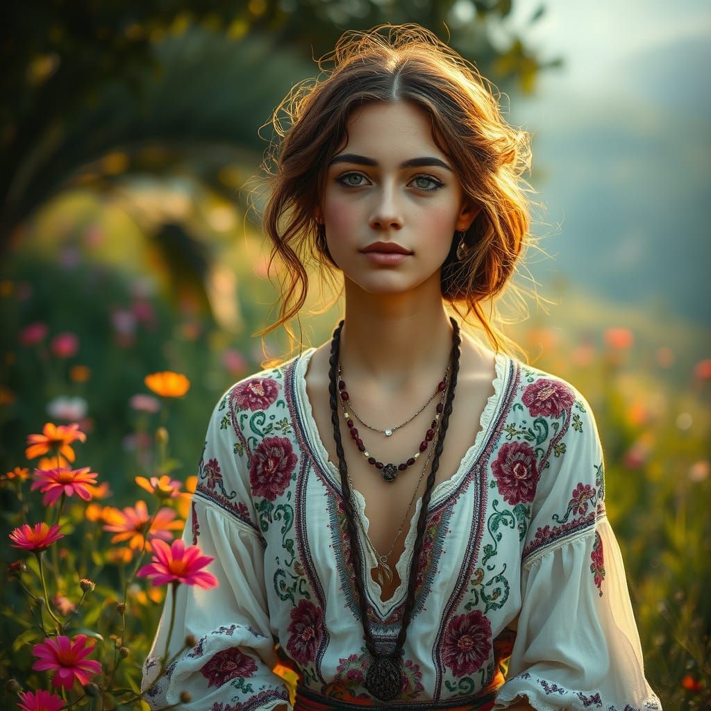 Gypsy Girl in Croatian Landscape: Oil Painting