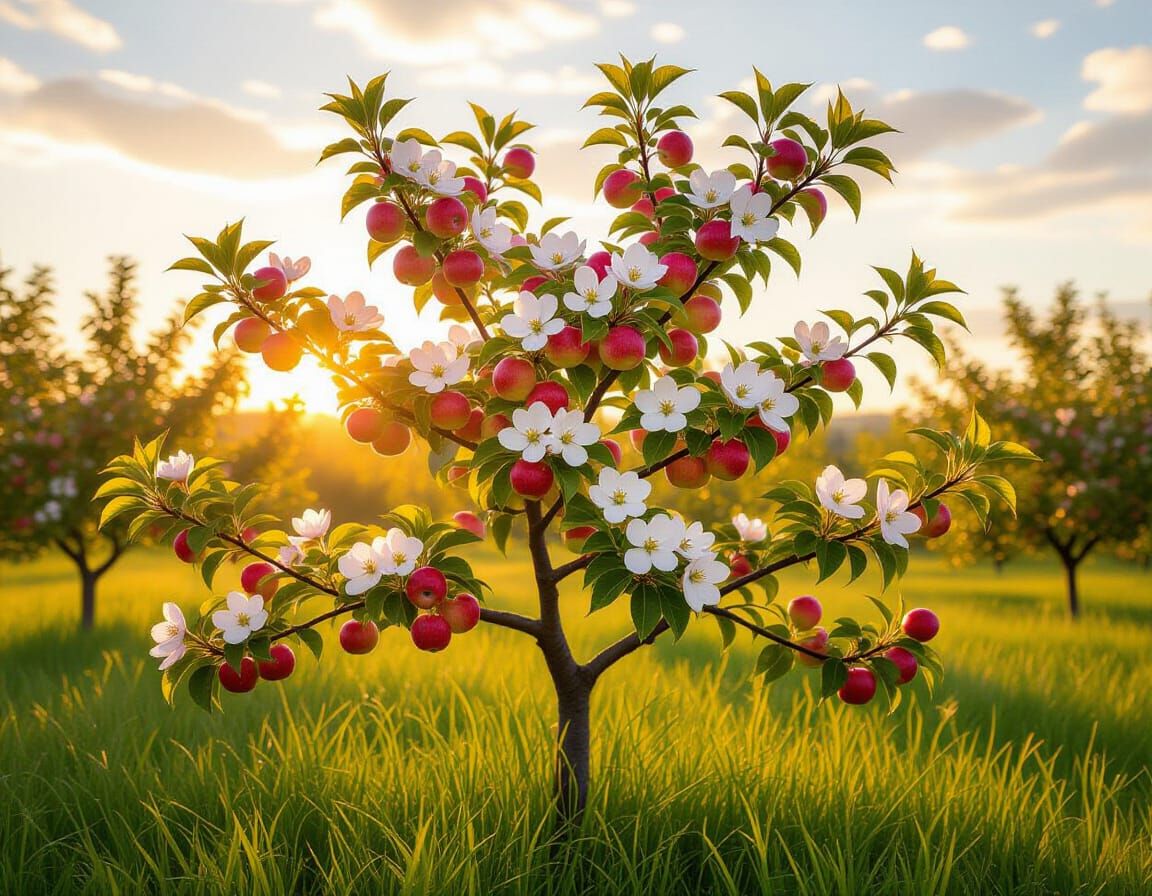 Vibrant Apple Tree in Golden Hour Meadow