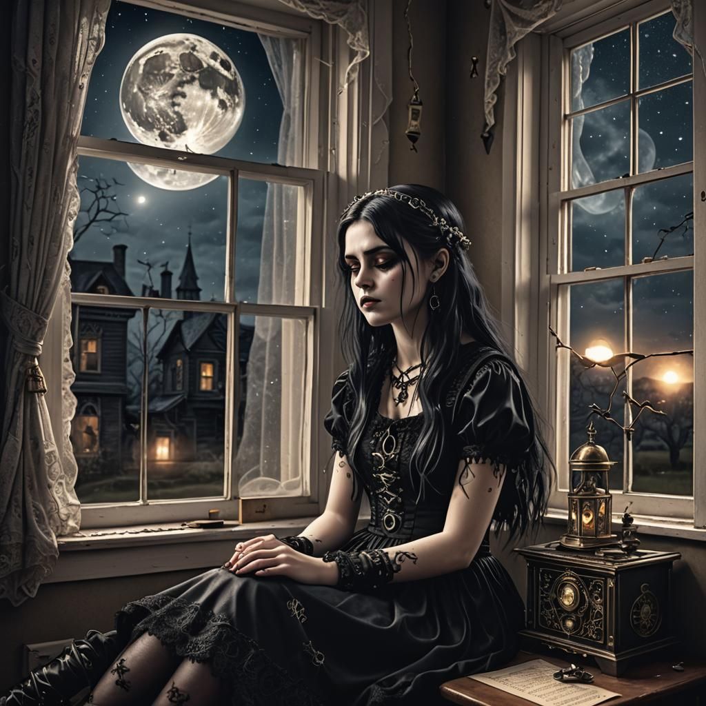 Sad Goth Girl by Moonlit Window