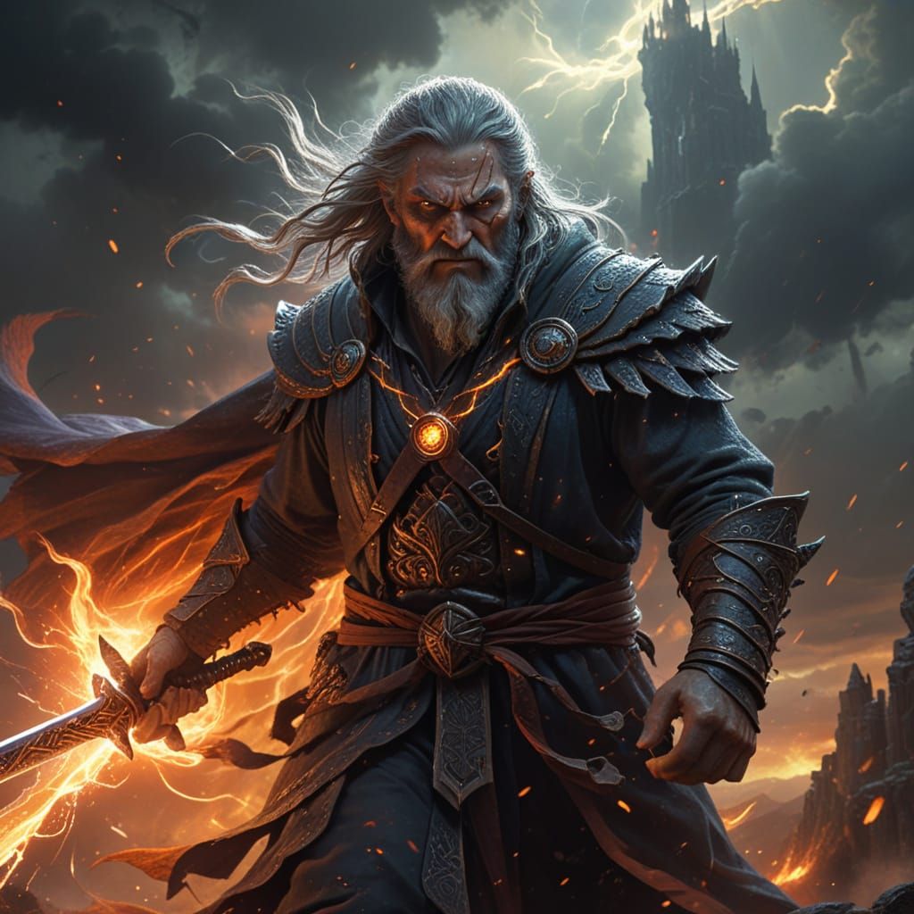 Angry Wizard Wields Glowing Magic Sword in Epic Fantasy Scen...