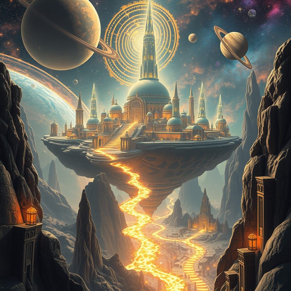 Cosmic City on Asteroid with Crystal Temples