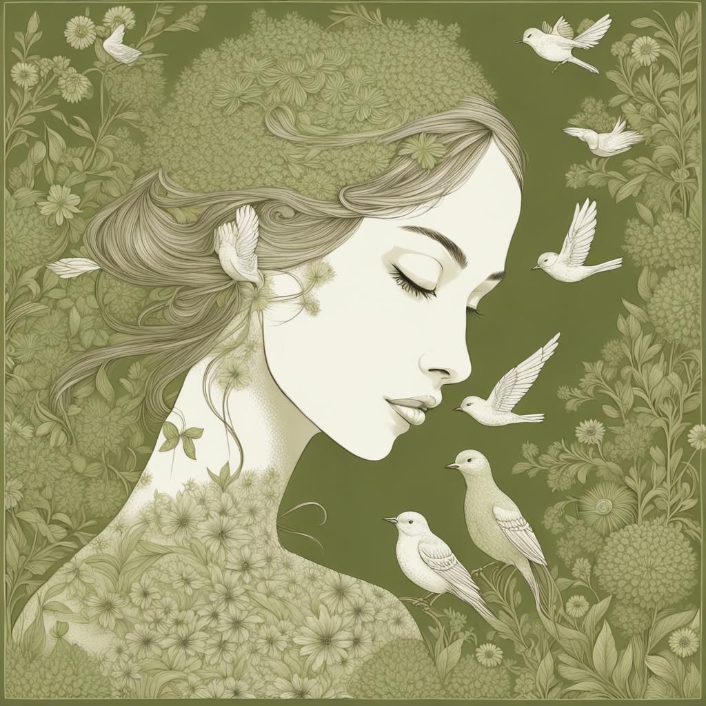 Olive Green Monochrome Illustration of Girl with Birds