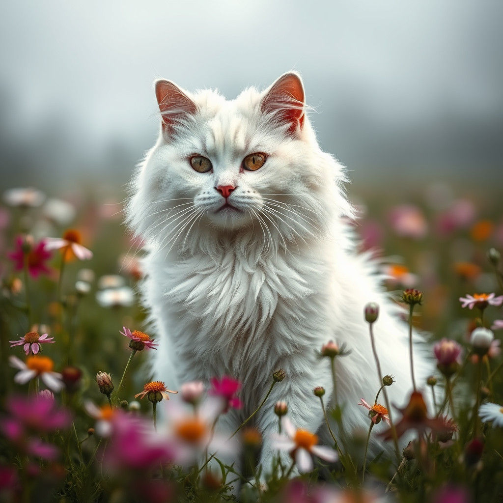 Fluffy White Cat in Wildflower Field, Hyperrealistic Photogr...