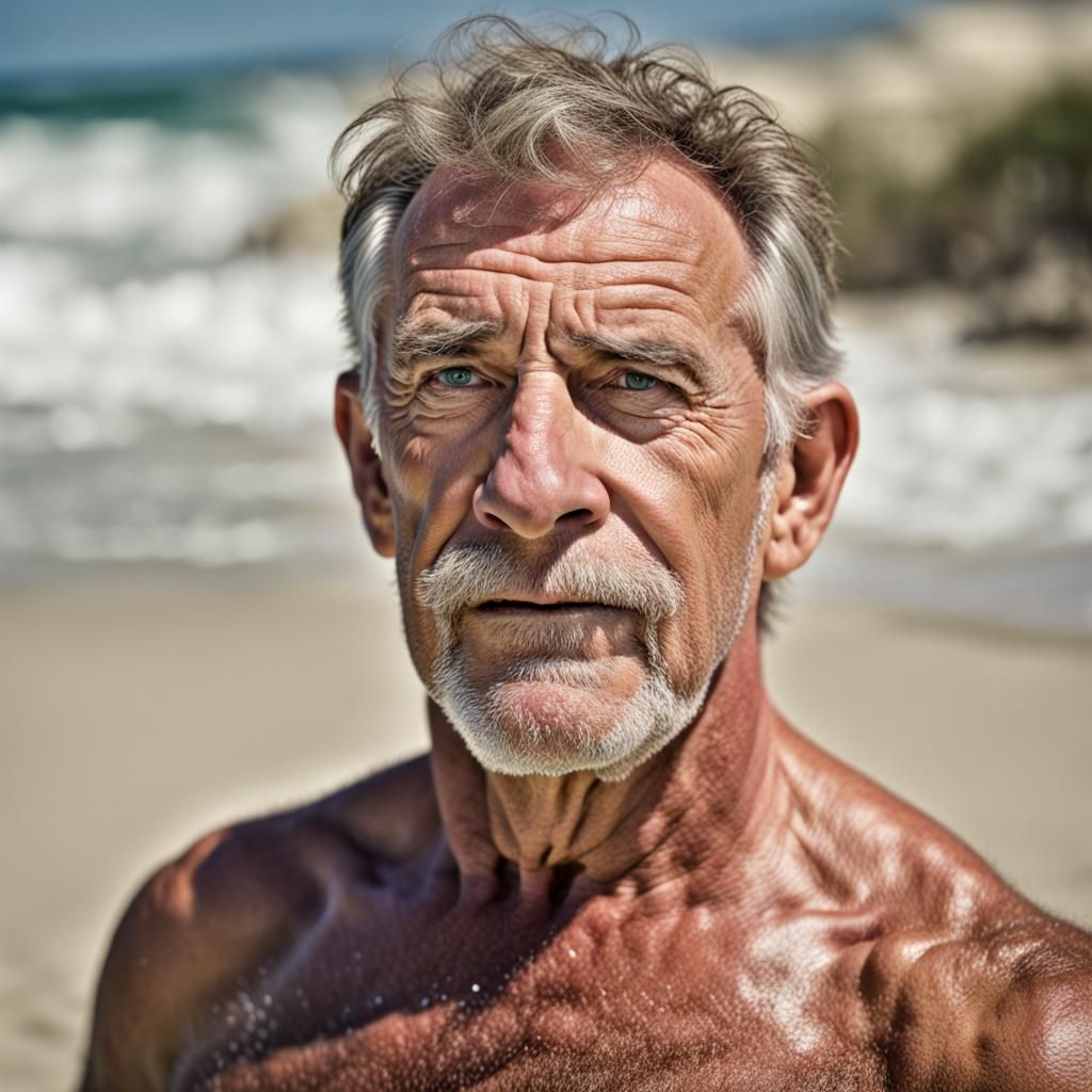 Hairy 50-Year-Old Man on Beach in Speedo