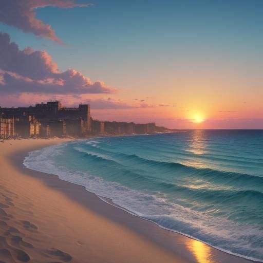 Sunset Beach Sandcastles in Anime Style