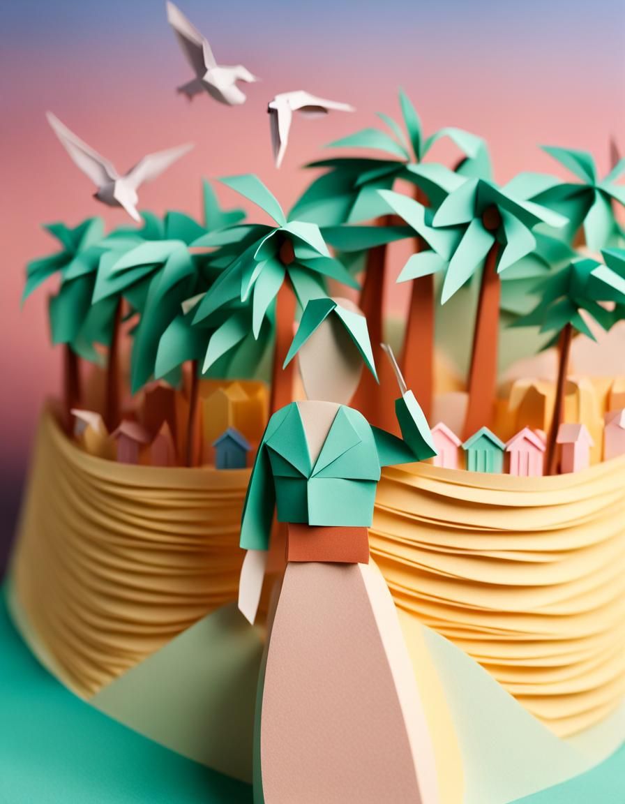 3D Papercraft Beach Scene in Origami Style