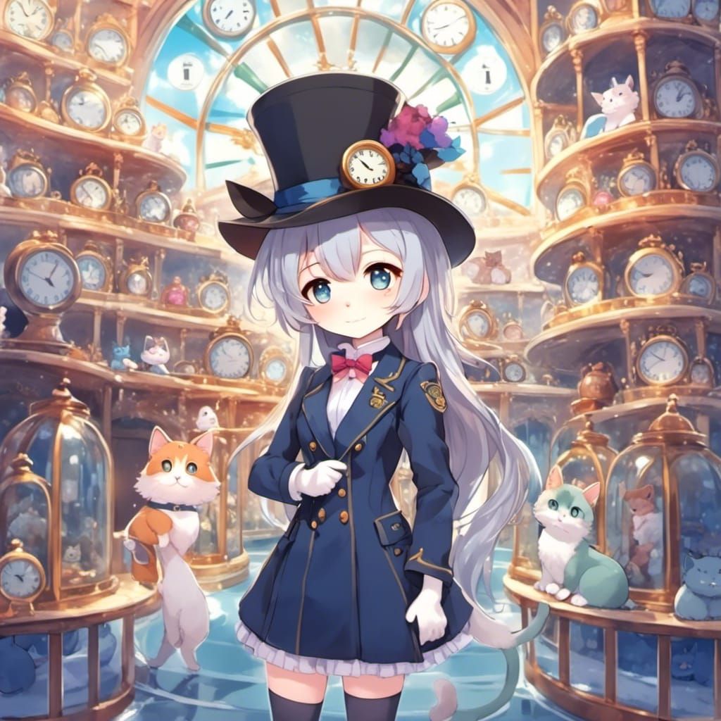 Clock Hat Cat in Anime Style