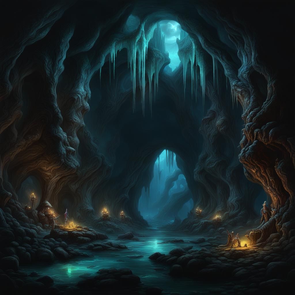 Bioluminescent Cavern with Dark Creature, Digital Matte Pain...