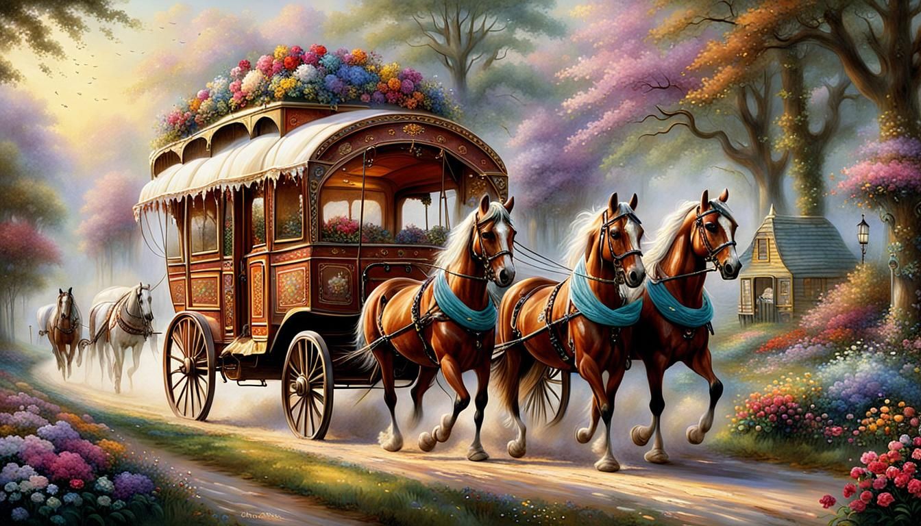 Chestnut Horses Pulling a Gypsy Caravan