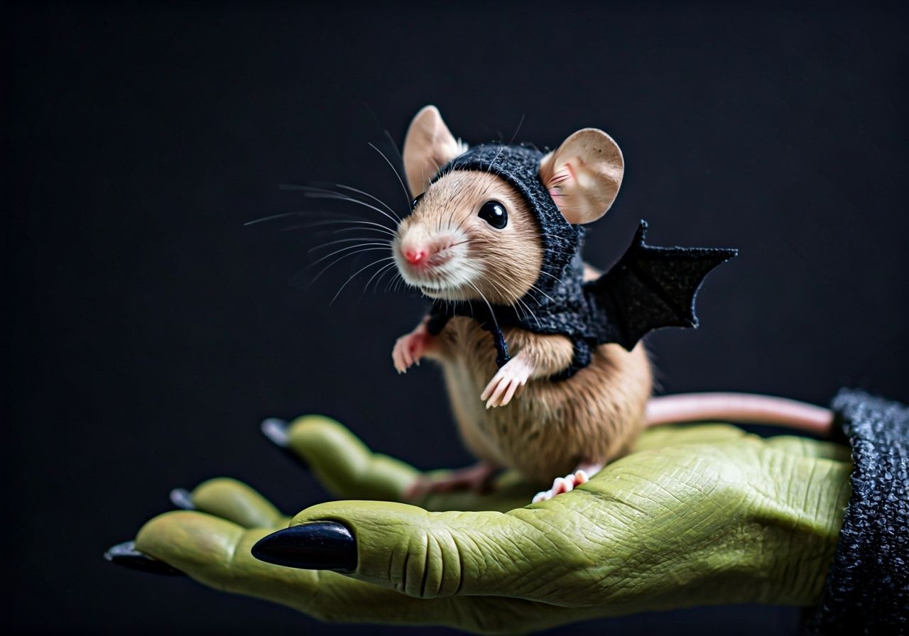 Cute Bat Mouse on Witch's Hand, Photorealistic Halloween