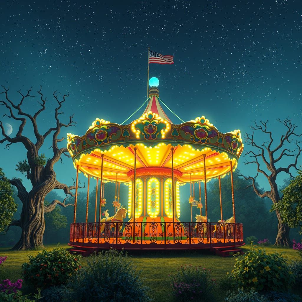 Surreal Whimsical Fantasy Merry Go Round in Starry Night