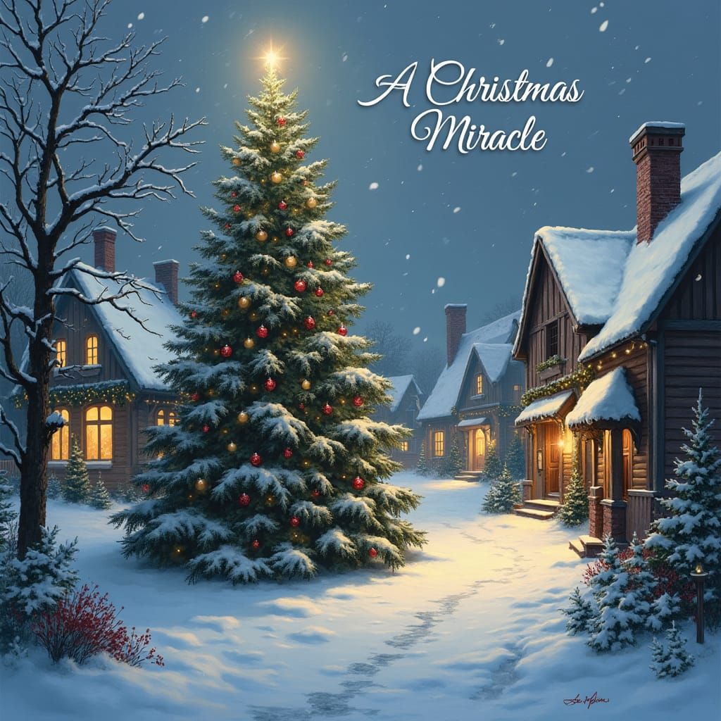 Snowy Christmas Village at Dusk in Impressionist Style