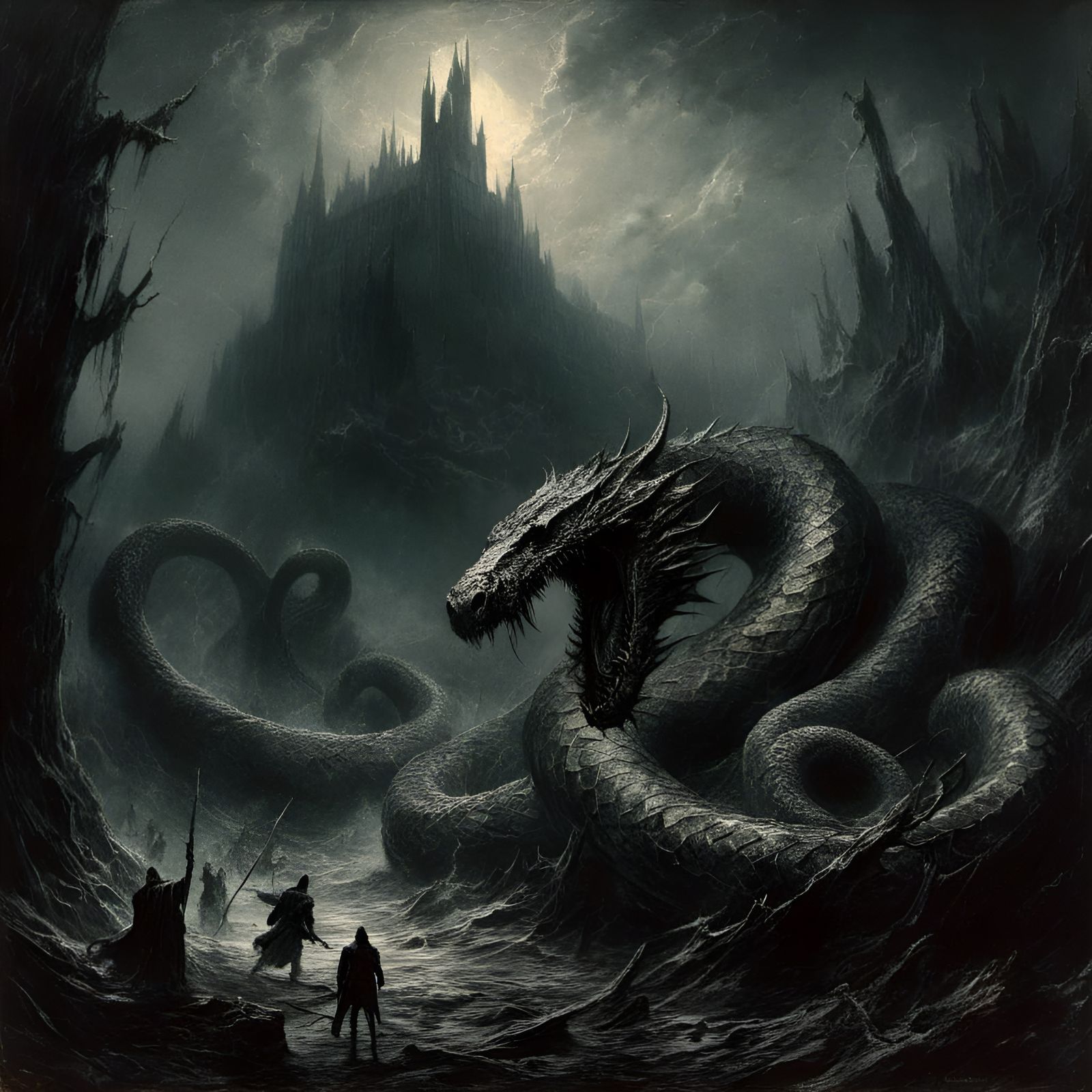 Sinister Midgard Serpent in Macabre Horror Style