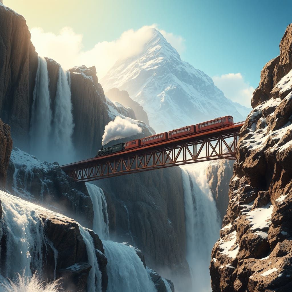 Dangerous Waterfall with Train Bridge: 3D Digital Art