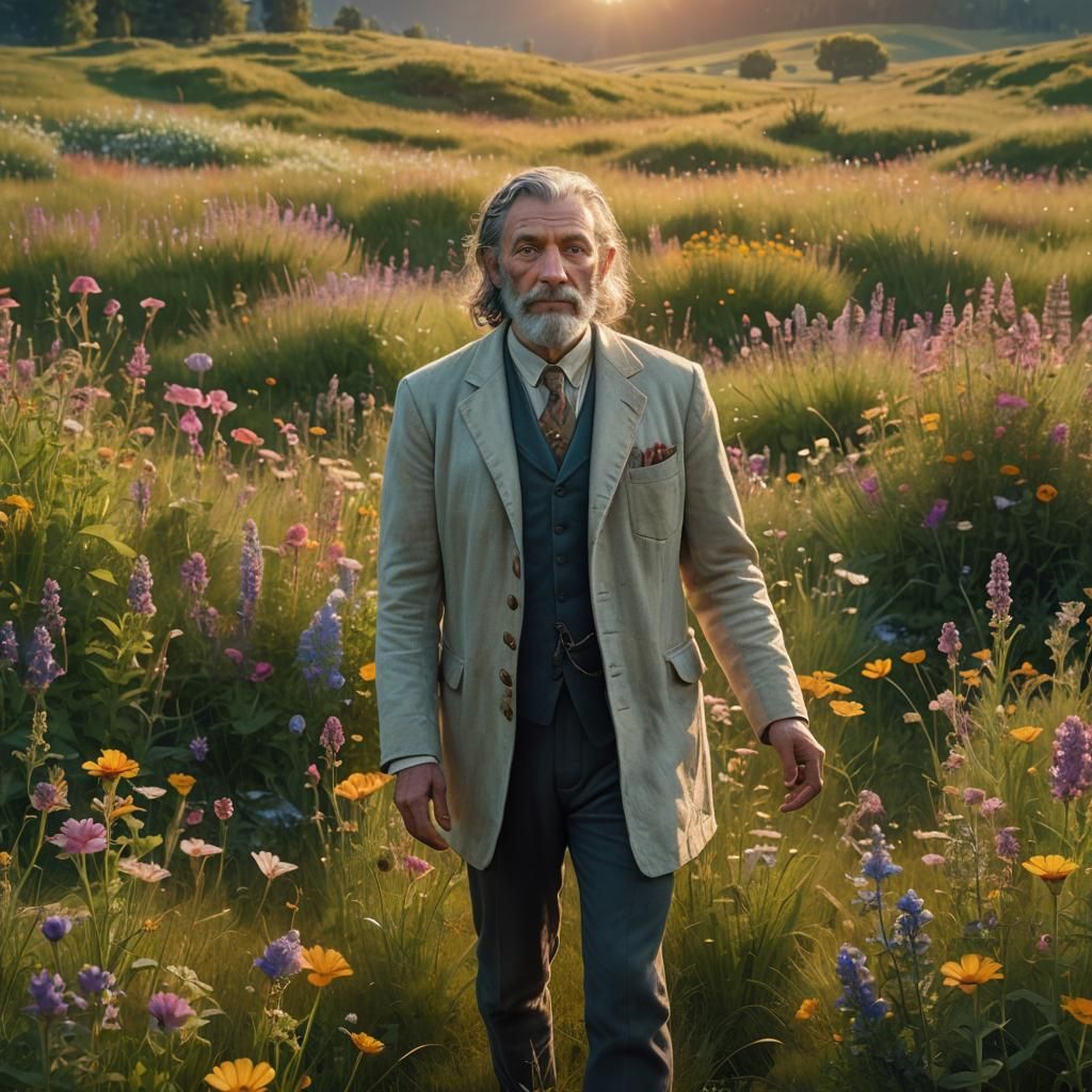 Dr. Parnassus Floats in Meadow: Hyperrealistic Concept Art