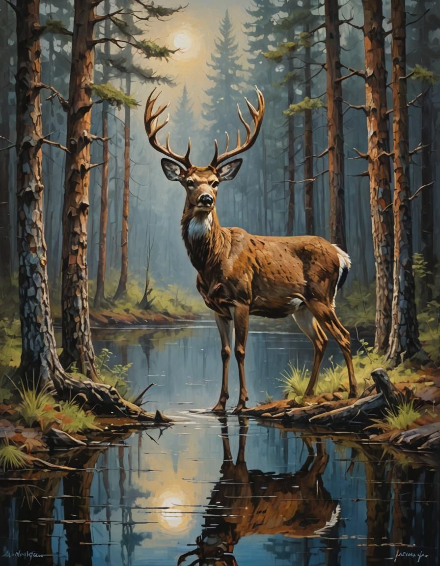 Whitetail Deer Stag in Forest, Impasto Oil Painting