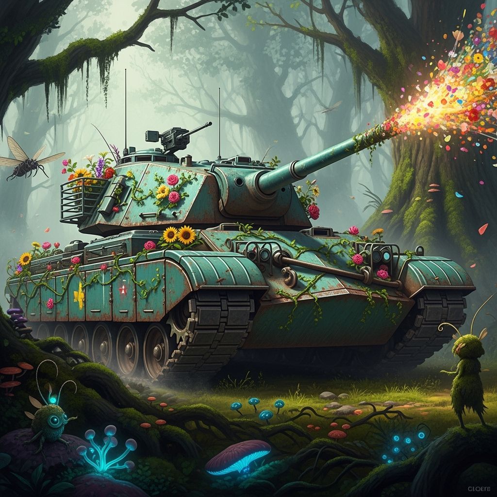 Cold War Tank in Misty Forest with Flower Explosion