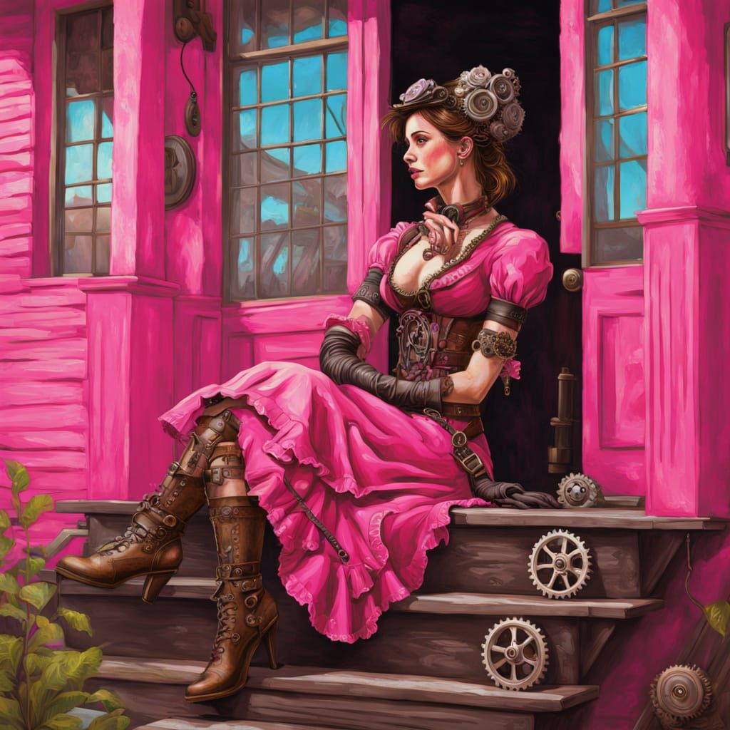 Steampunk Woman on Gear Porch in Hyperrealistic Style