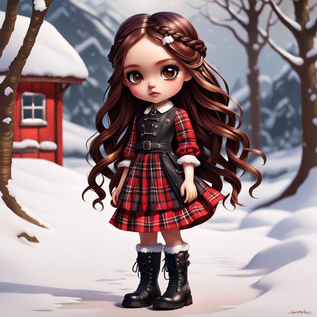 Chibi Scottish Lass in Tartan Plaid, 3D Render