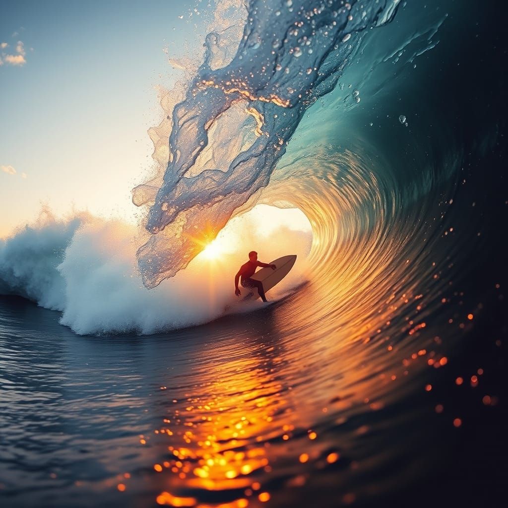Golden Hour Surfer in Surreal Waves