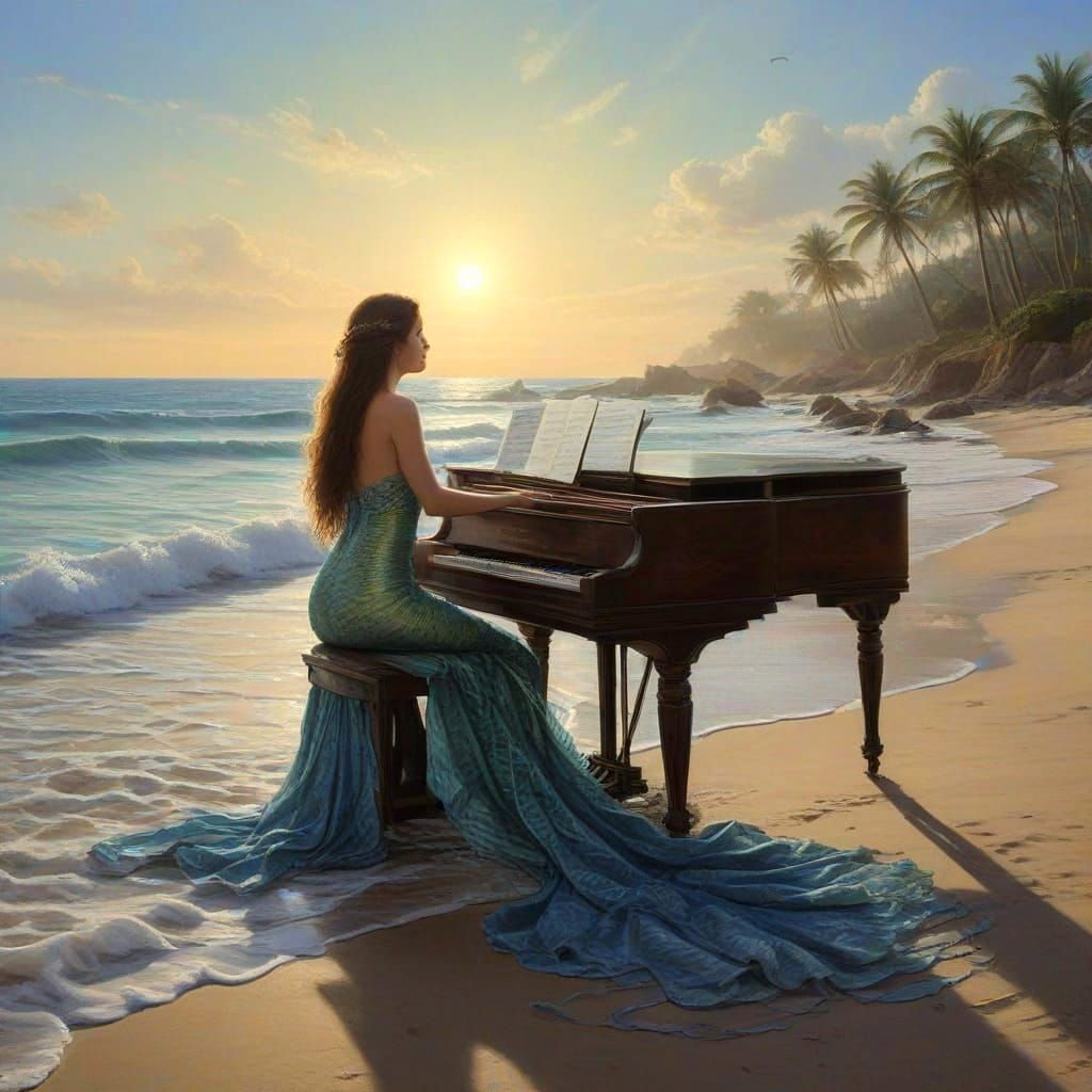 Hyper-Realistic Mermaid Plays Water Piano on Serene Beach