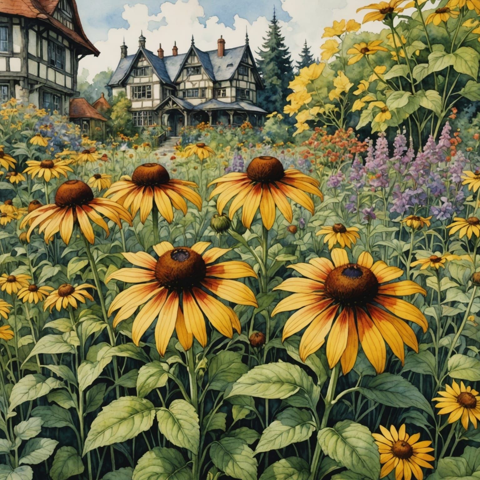 Colorful Wildflowers in Garden, Watercolor Anime Style