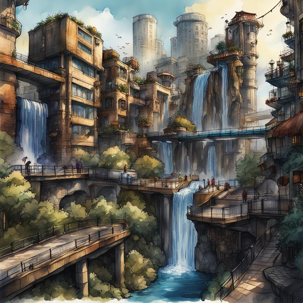 Watercolor Urban Sketch of a Fantastical Waterway