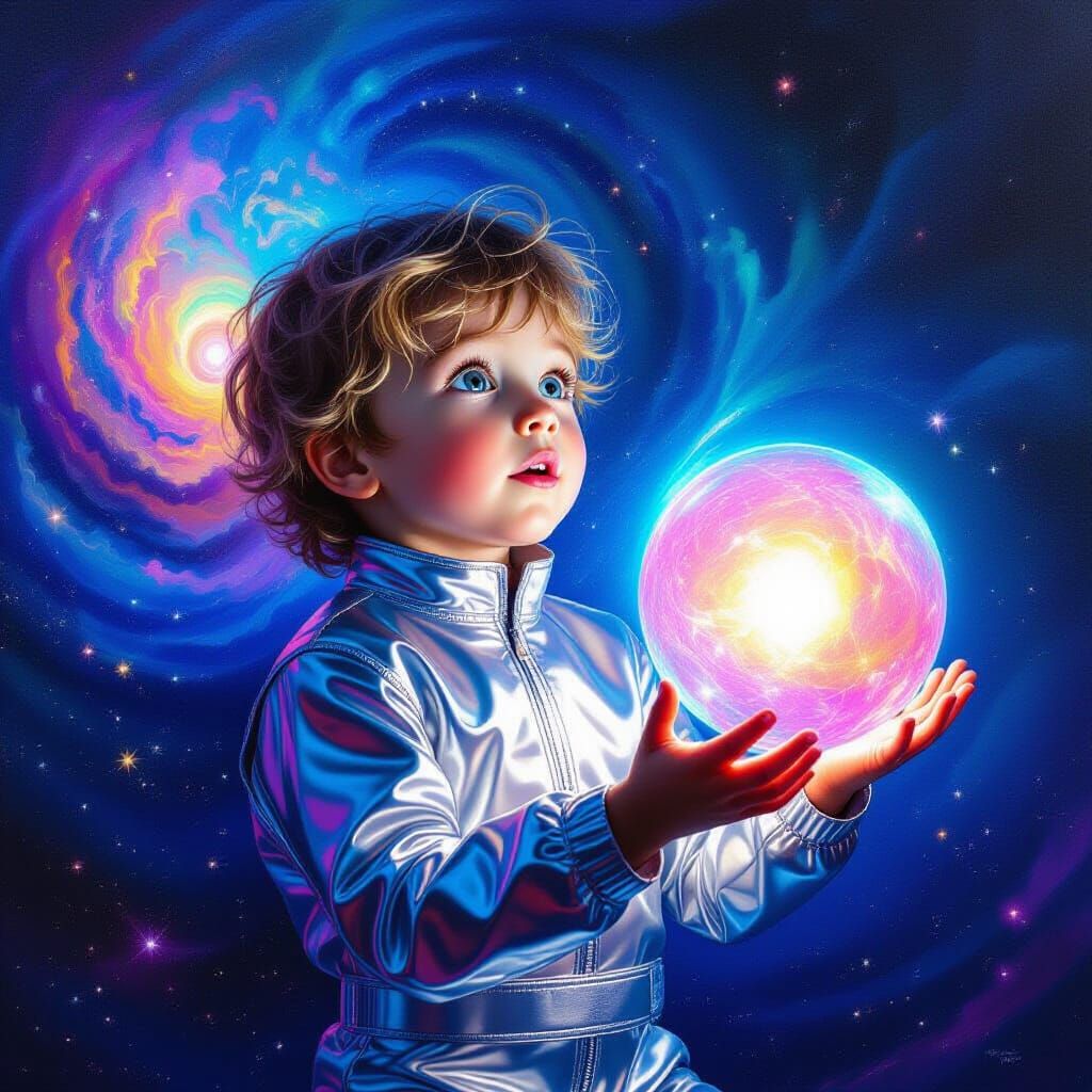 Child Bouncing Glowing Ball in Vibrant Galaxy