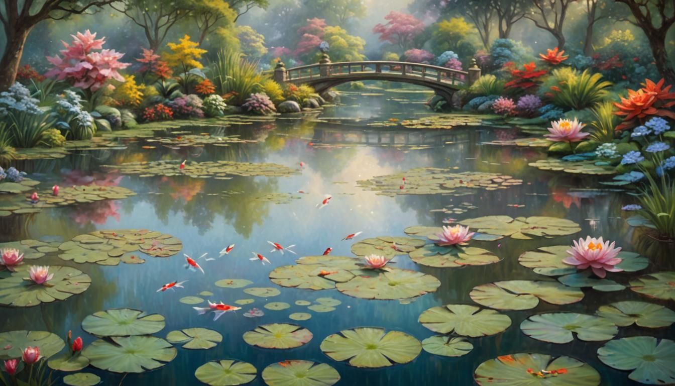 Impressionist Garden Pond with Koi Fish