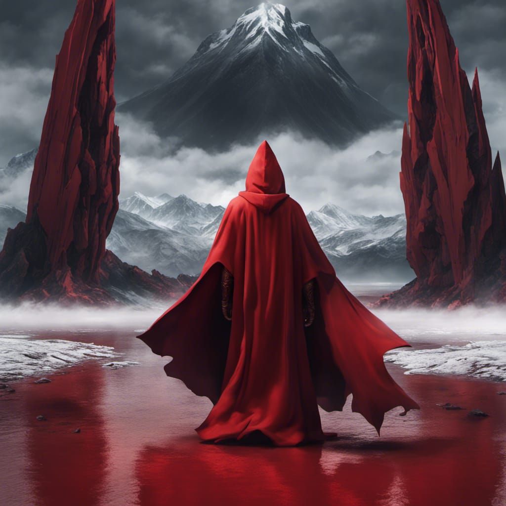 Hooded Figure with Mountain Emblem in Red Cloak
