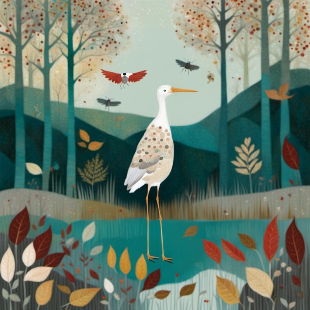 Autumnal Stork in Forest, Klimt-Inspired Illustration