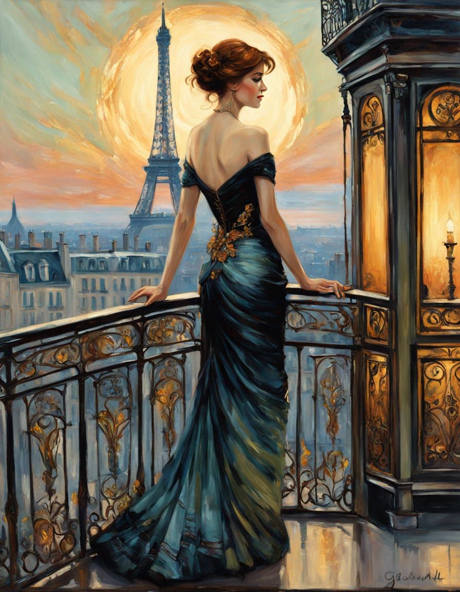 Impressionist Paris Balcony Scene with Eiffel Tower