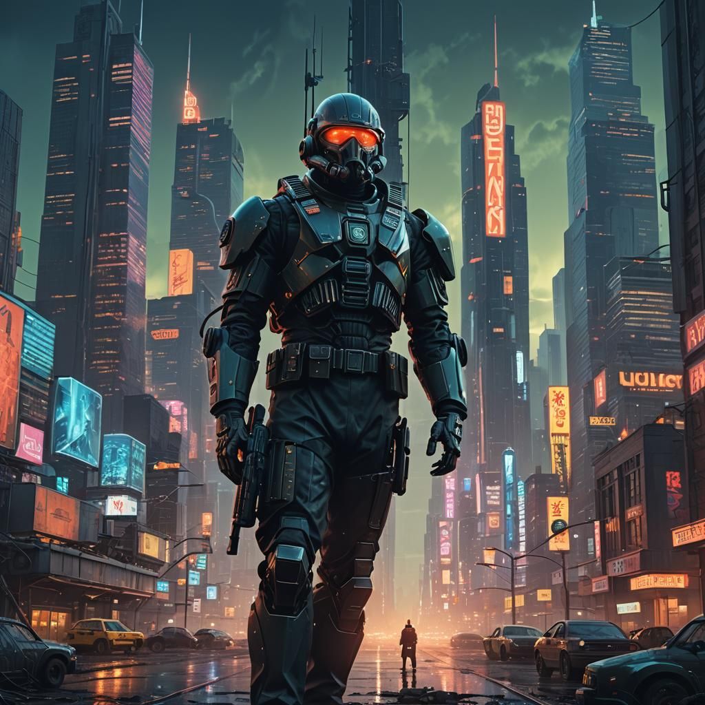 Futuristic US Soldier in High-Tech Cityscape