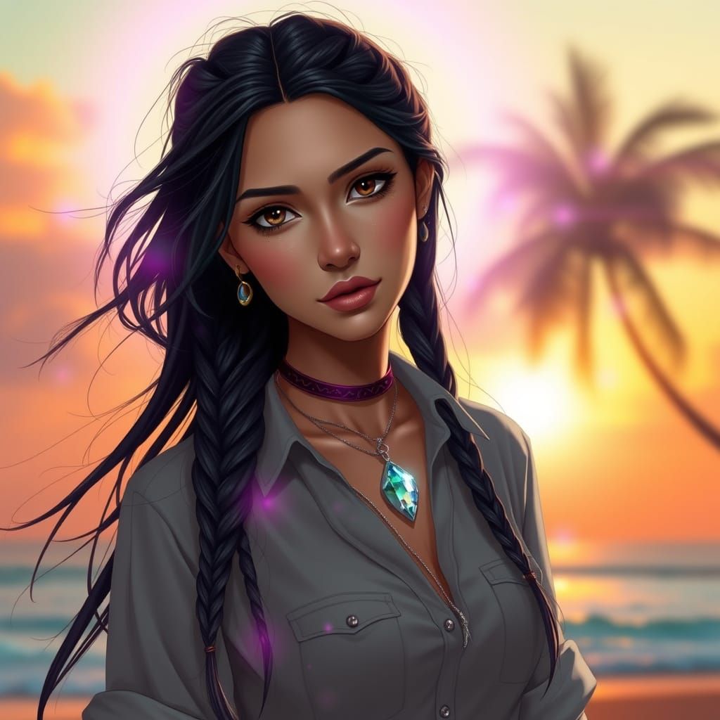 Elegant Woman with Magical Aura on Tropical Beach