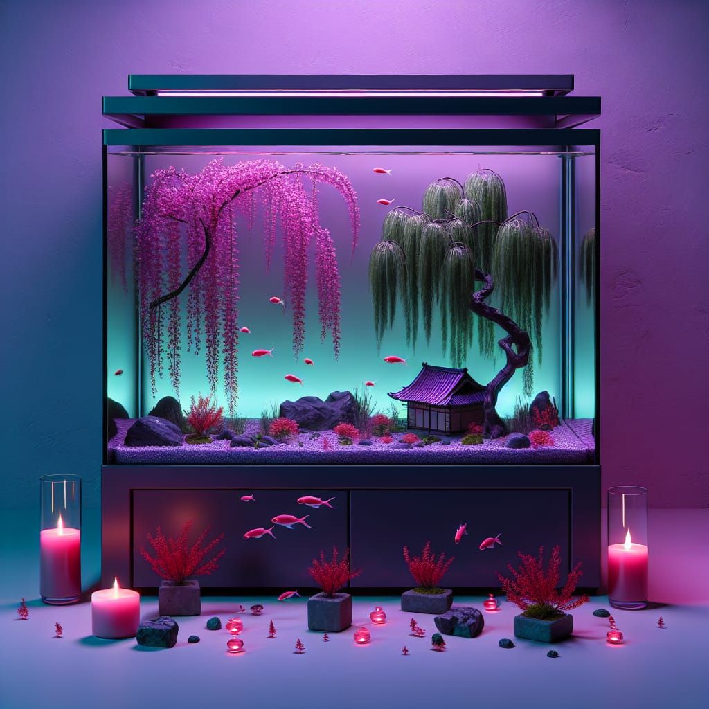 Minimalist Purple Aquarium with Bonsai and Cherry Blossoms