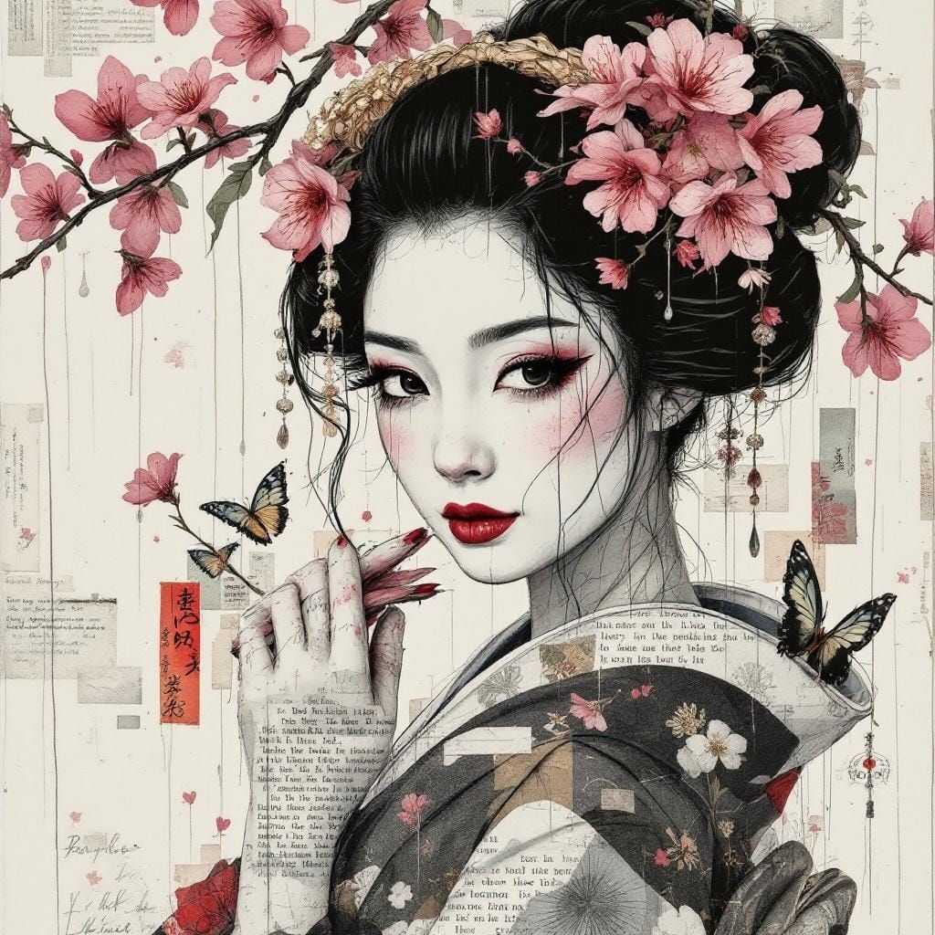 Geisha Kimono Collage in Mixed Media Style