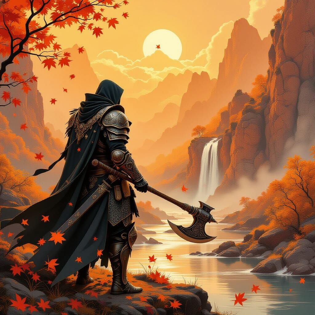 Mystical Warrior Mage in Autumn Landscape