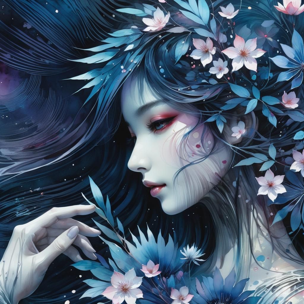 Dreamy Lake Glade at Night in Watercolor Style