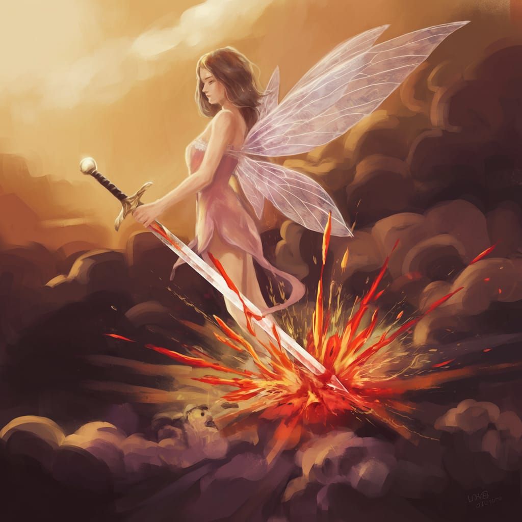 Fairy in Golden Sunset with Vibrant Orange Blood
