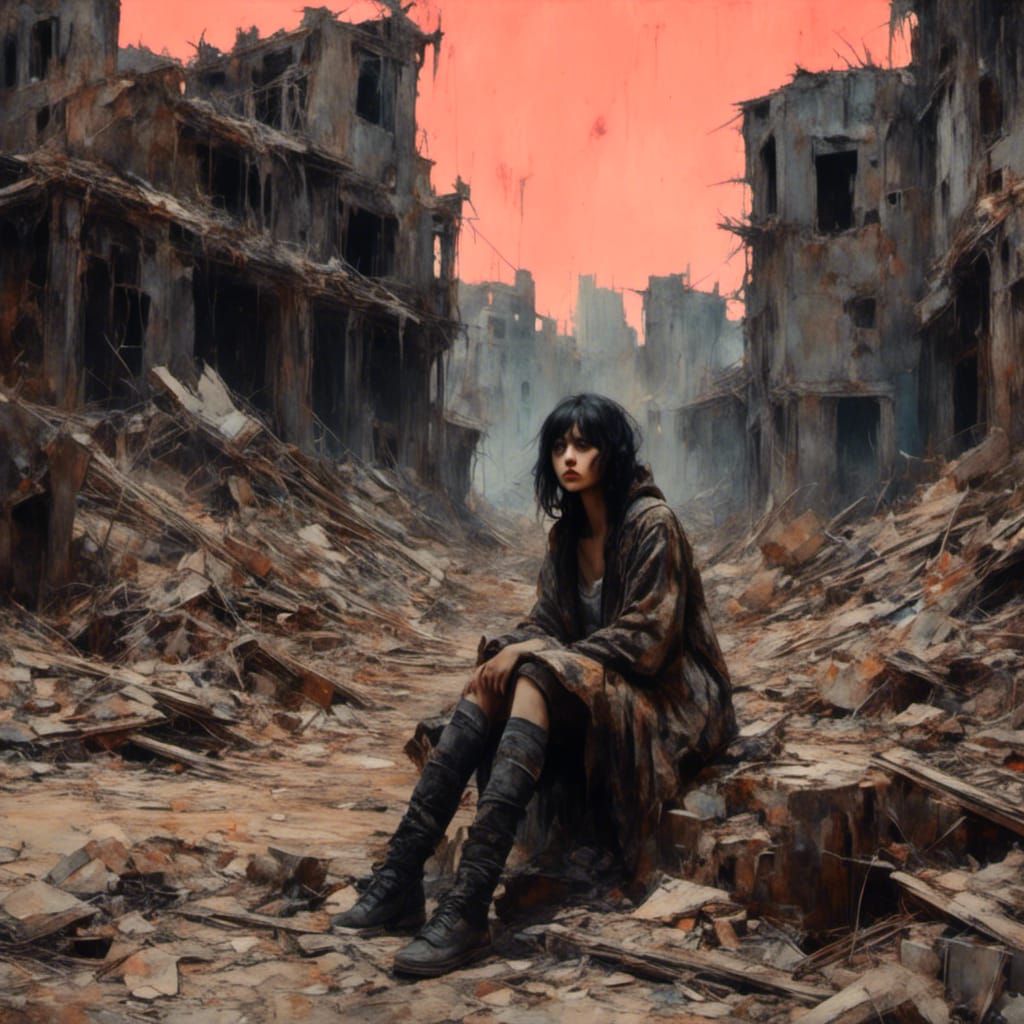 Orphaned Waif in Post-Apocalyptic City Ruins