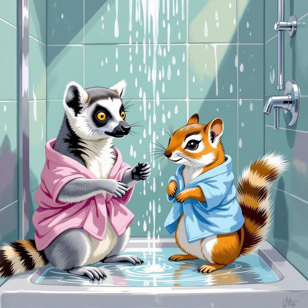 Lemur and Chipmunk in a Shower, Illustrated Style