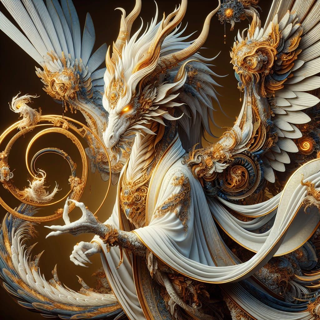 Golden Energy Dragon in White Robes: Fantasy Art