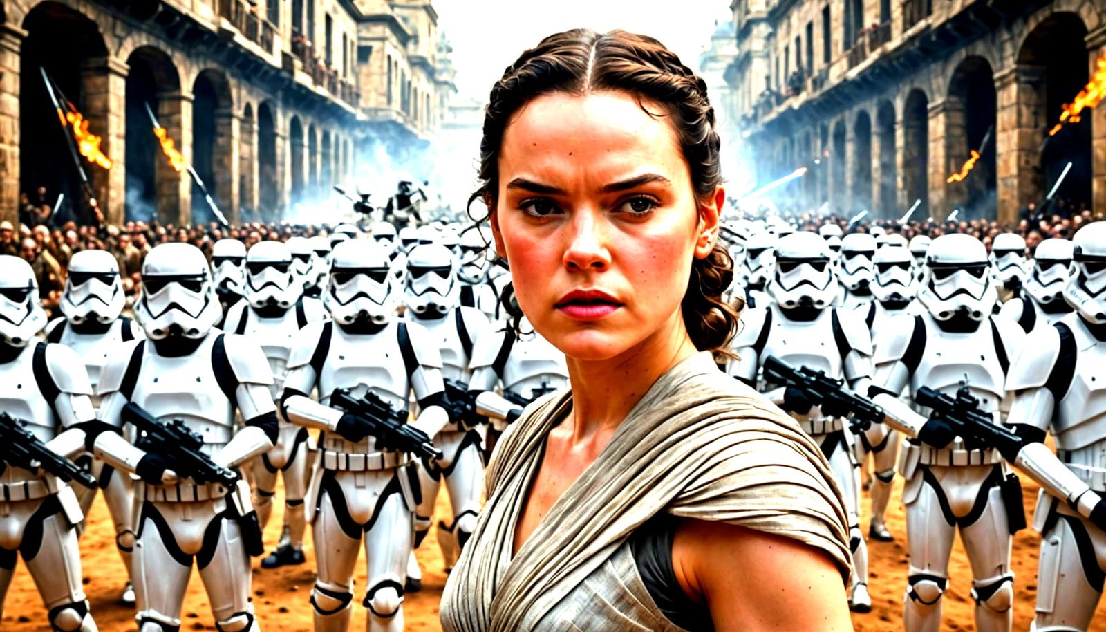Rey Confronts Stormtroopers in a Dramatic Oil Painting